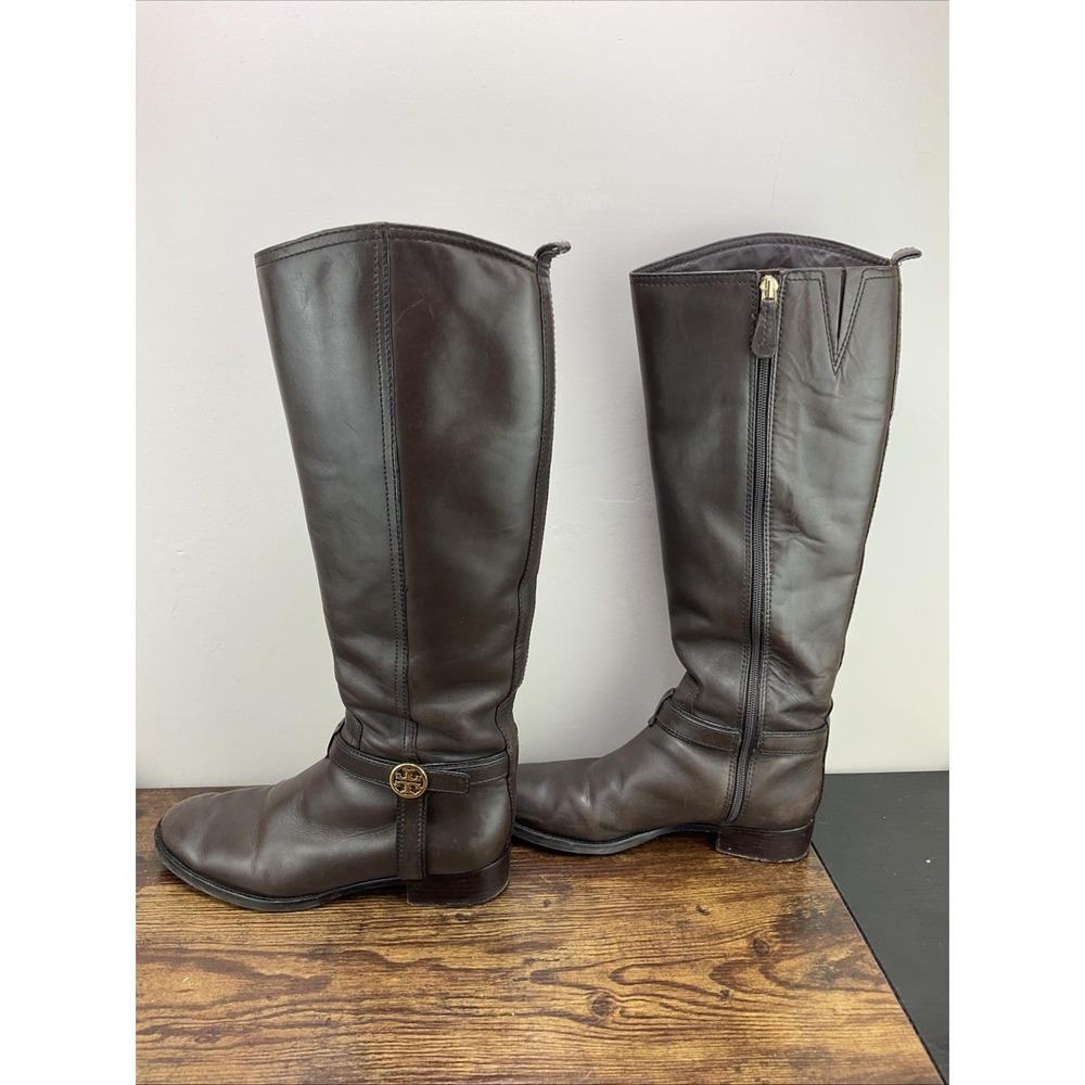 Tory Burch Bristol Brown Coconut Gold Leather Riding Boots Tall Size 7 W Box